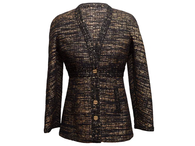 Black & Gold Chanel Metallic Wool-Blend Jacket Size FR 38 in Black Wool from Designer Revival