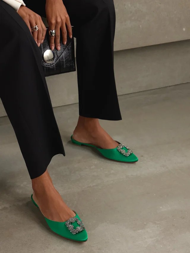 MANOLO BLAHNIK Hangisi crystal-embellished satin slippers in Green, photo 2 of 2 from NET-A-PORTER (Canada)