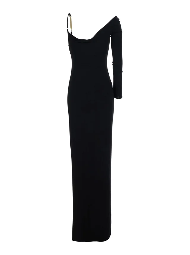 ELISABETTA FRANCHI Black Long Dress with One Long Sleeve and One Thin Strap in Stretch Viscose for Women in Black 96% Viscose 4% Elastane, photo 3 of 6 from Gaudenzi Boutique