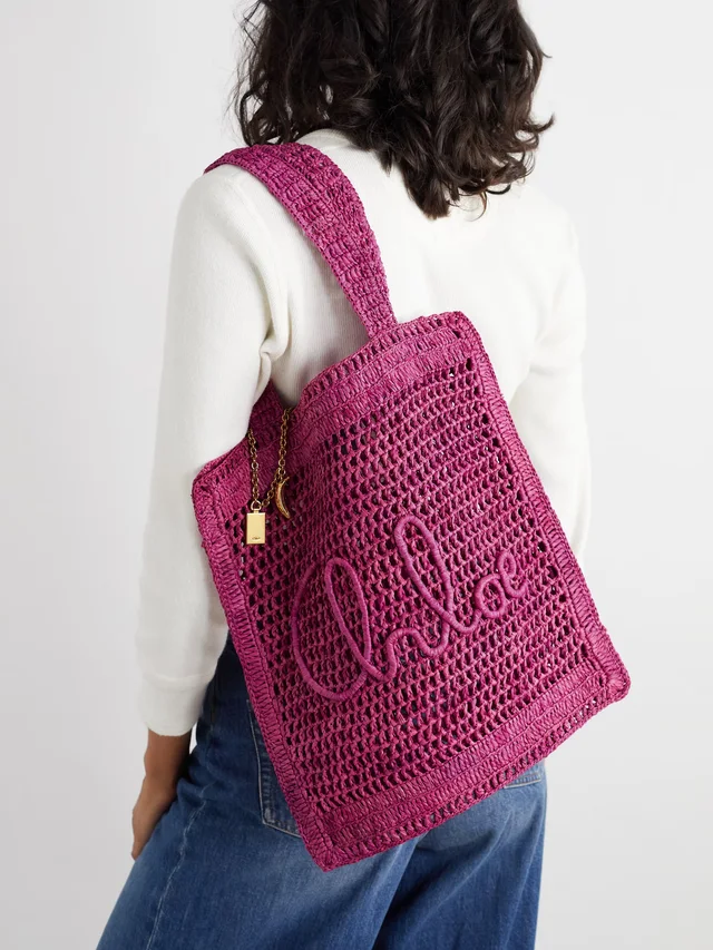 CHLOÉ Summer Banana embellished crocheted raffia tote in Pink, photo 2 of 2 from NET-A-PORTER (Canada)