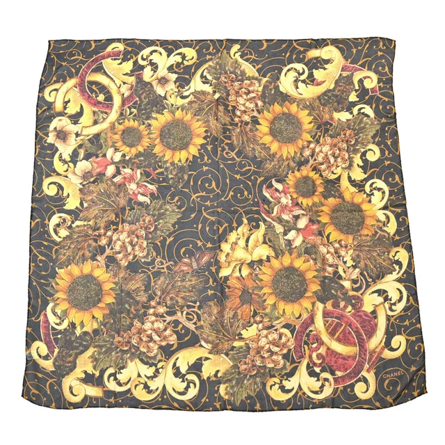 Chanel Black Sunflower Sheer Scarf Small Good in Black Silk from AMORE Vintage Tokyo