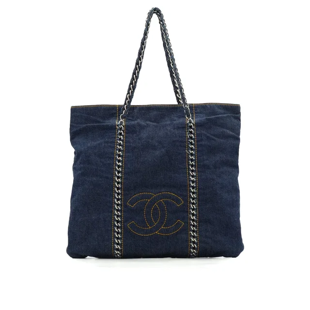 Chanel Vintage Cocomark Matelasse Chain Tote Bag Blue Denim Silver Hardware in Blue Denim from Luxury Promise