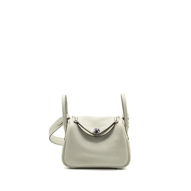 Hermès Mini Lindy Clemence Gris Neve SHW stamp B in Grey Clemence leather from EMIER