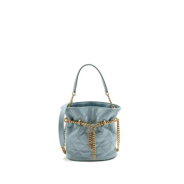 Chanel Enamel CC Bucket Bag Lambskin Light Blue GHW (Microchip) in Blue Lambskin from EMIER