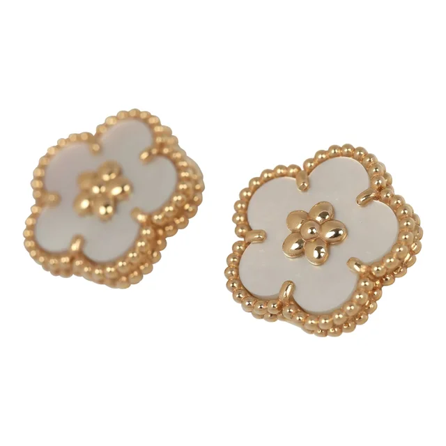 Van Cleef & Arpels Lucky Spring Plum Blossom Earrings White Mother of Pearl 18K Yellow Gold in White from Madison Avenue Couture, photo 2 of 2