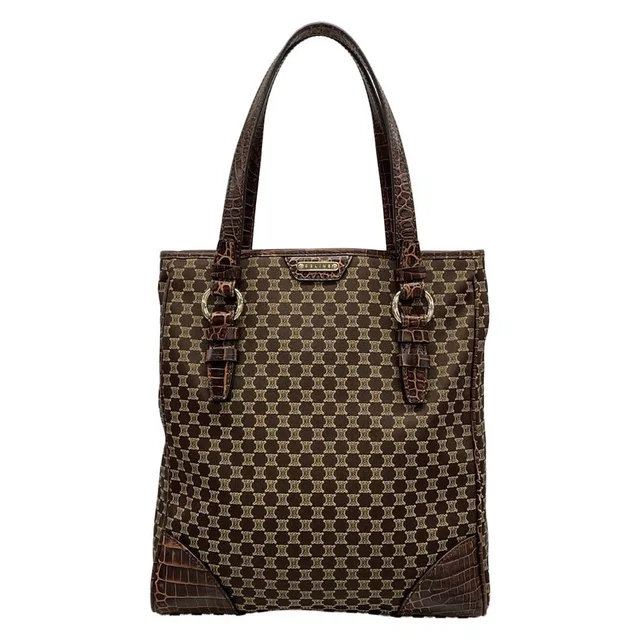 Celine Tote Bag Macadam Pattern Dark Brown Beige Embossed Leather in Brown Leather from The Reluxe
