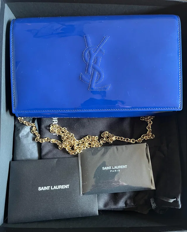 Saint Laurent Blue Patent Leather Belle du Jour Clutch Bag in Blue Patent leather from HEWI