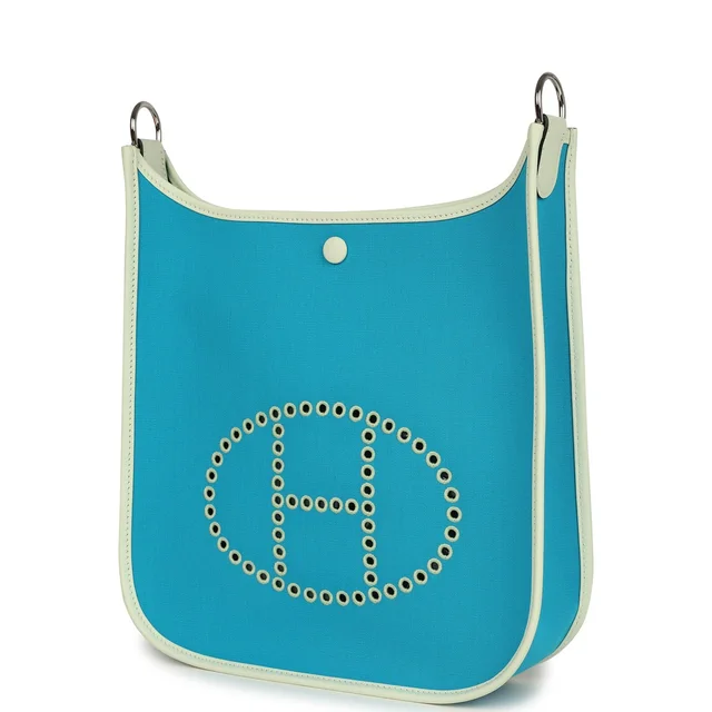 Hermès Neo Evelyne PM Bleu Aztec Officier Canvas and Vert Fizz Swift Palladium Hardware in Blue Swift leather from Madison Avenue Couture, photo 2 of 2