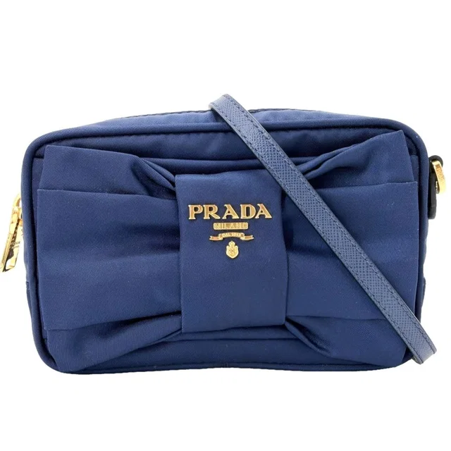 Prada Shoulder Bag Pouch 2-Way Crossbody Nylon Blue Gold in Blue Nylon from The Reluxe