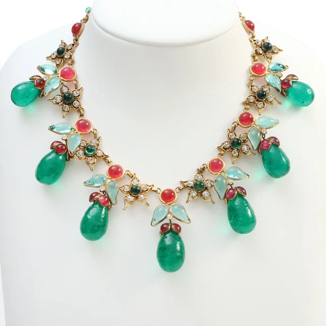 Chanel Glipowaine Stone Design Necklace Gold/Green/Red from VINTAGE QOO TOKYO