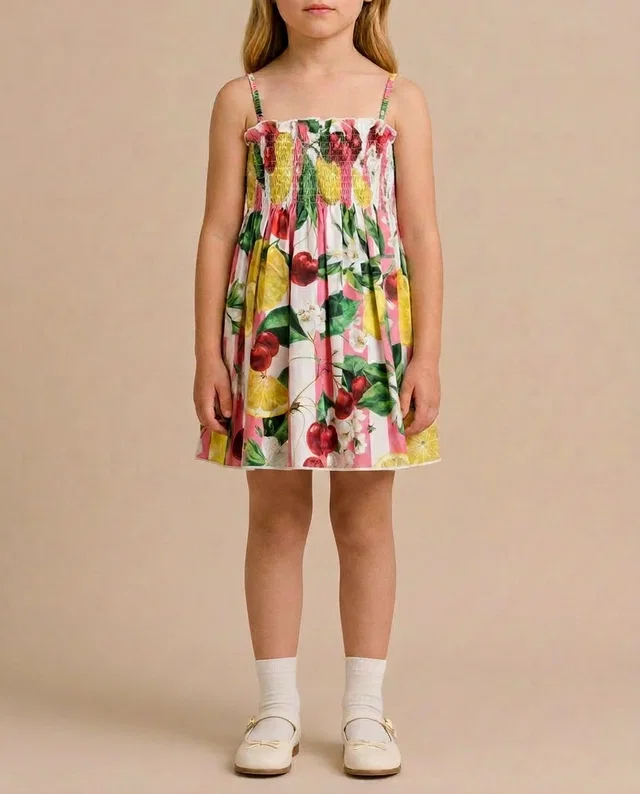 Dolce & Gabbana Pink Striped Strap Dress with Cherry and Lemon Print Detail Size 6 Years in Pink from Sellier