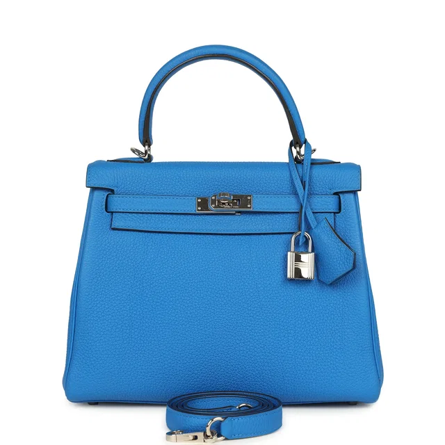 Hermès Kelly Retourne 25 Bleu France Togo Palladium Hardware in Blue Togo leather from Madison Avenue Couture