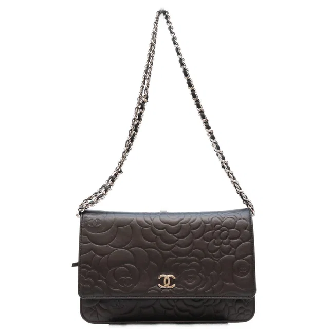 Chanel Black Lambskin Silver Camellia Chain Wallet Shoulder Bag in Black Lambskin from The Reluxe