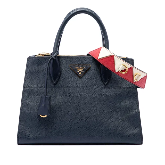 Blue Prada City Calf Trimmed Saffiano Greche Paradigme Bag Satchel in Blue Saffiano leather from Designer Revival