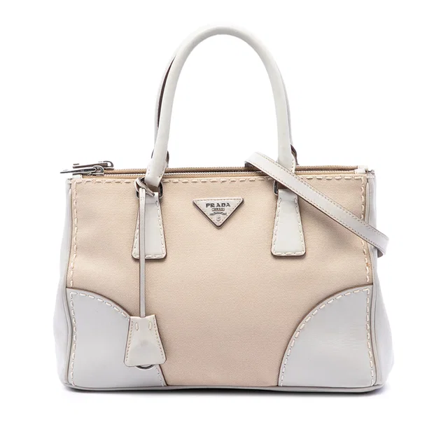 White Prada Small Canvas and City Calf Stitch Galleria Double Zip Satchel in White Canvas from Designer Revival