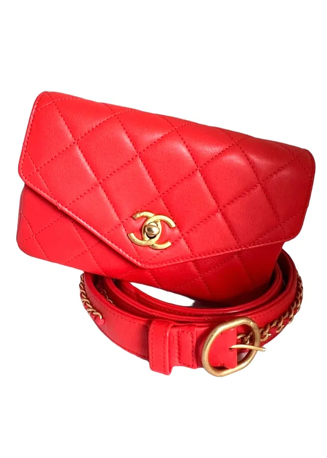 Chanel Turnlock Red Calfskin GHW Belt Bag Size 95cm in Red Calfskin from Luxury Promise