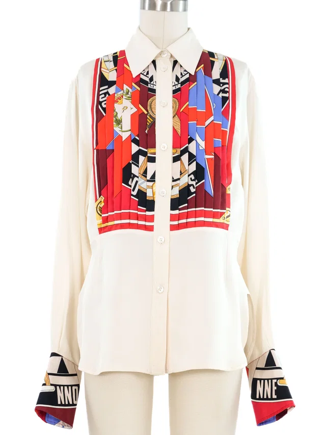 1980s Hermes Scarf Print Tuxedo Top in Silk from Arcade Vintage