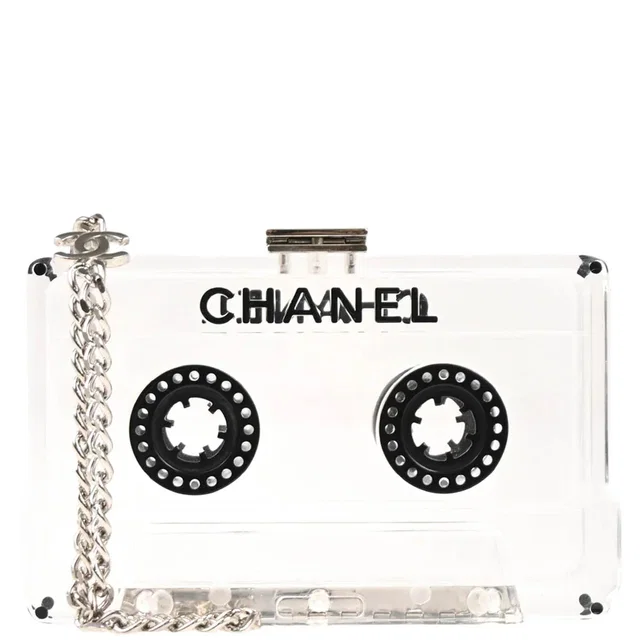 Chanel 2004 Clear Lucite Cassette Tape Minaudière Clutch Silver Hardware in Clear Resin from AMORE Vintage Tokyo