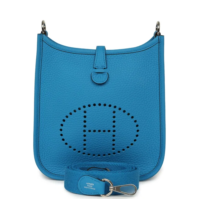 Hermès Evelyne TPM Bleu Zanzibar Clemence Palladium Hardware in Blue Clemence leather from Madison Avenue Couture