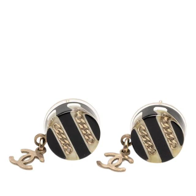 Black Chanel Brass Resin CC Drop Round Push Back Earrings in Black Resin from Designer Revival