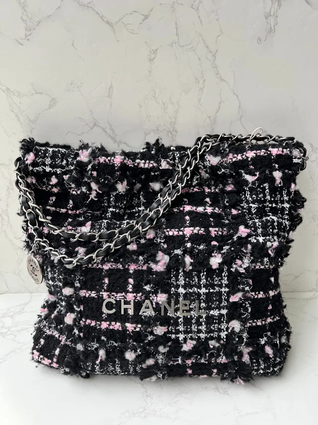 Chanel 22 Tweed Tote Small Black/Pink SHW 2023 Microchipped and Dustbag in Black Tweed from Luxury Promise