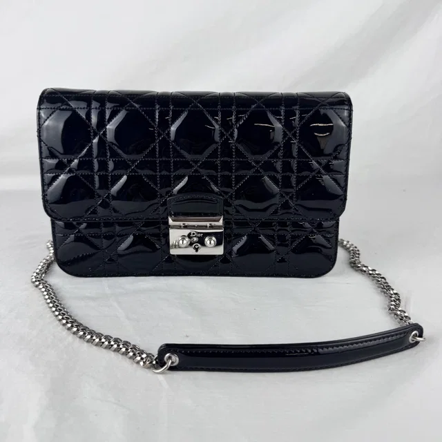 Miss Dior Promenade Wallet on Chain Clutch Bag in calfskin, Metal, Patent Calfskin, Patent leather from Reowned