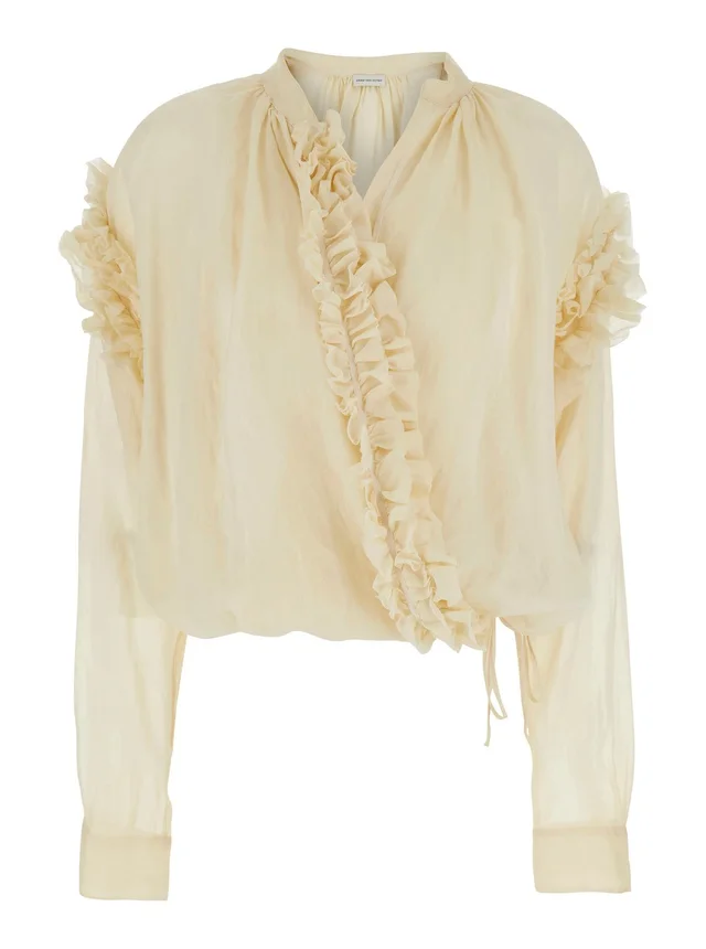 DRIES VAN NOTEN CENVER' Beige Silk Blouse with V-Neck and Long Sleeves in Beige 100% Cotton, photo 2 of 6 from Gaudenzi Boutique