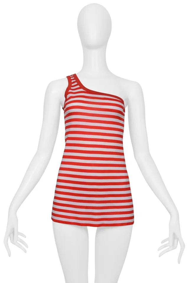 Dolce & Gabbana Red & White Striped Asymmetrical Tank Top 2003 in White Denim from Resurrection Vintage