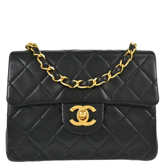 Chanel 1989-1991 Black Lambskin Mini Classic Square Flap Shoulder Bag 17 in Black Lambskin from AMORE Vintage Tokyo