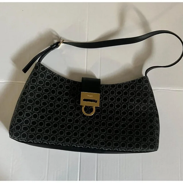 Ferragamo Gancini Shoulder Black Bag Embossed Leather Ee-22 in black Leather from Poshmark