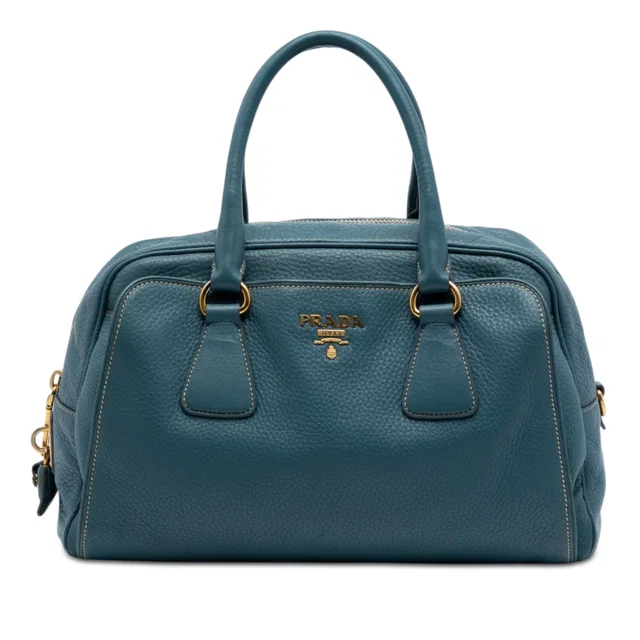 Blue Prada Vitello Daino Bauletto Bag Satchel in Blue Leather from Designer Revival