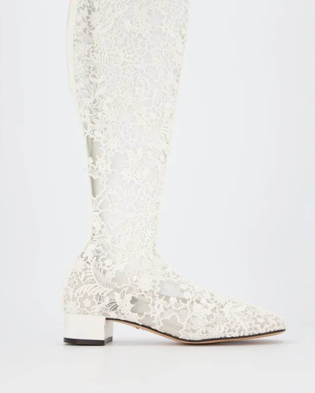 Dior White Lace Knee High Logo Boots Size EU 38 in White from Sellier