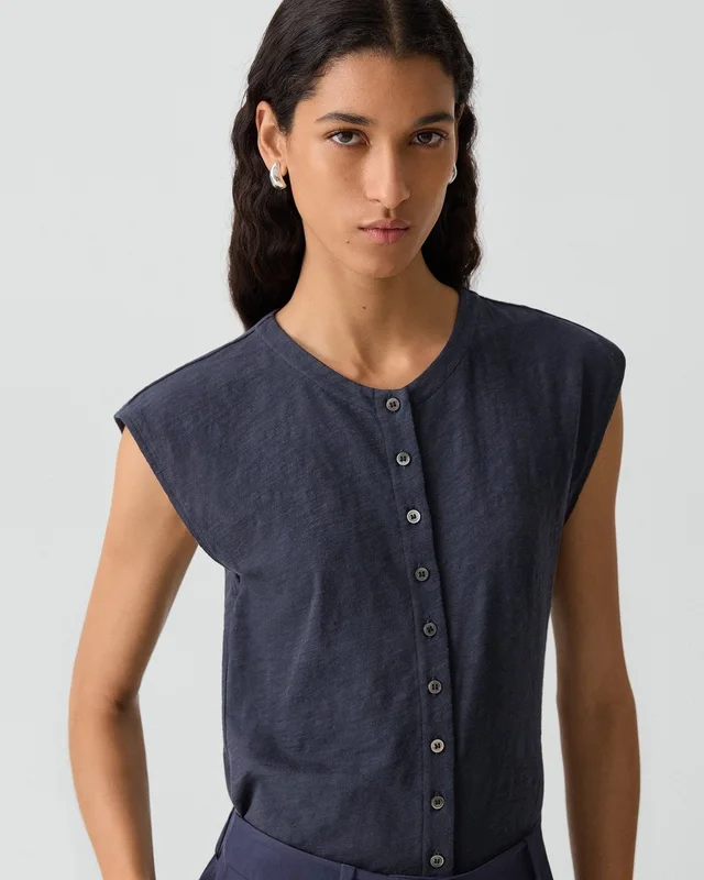 Theory Crewneck Button-Up Top in Organic Slub Cotton, photo 4 of 5 from Theory