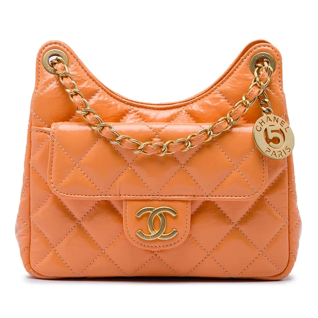 Orange Chanel Small Shiny Crumpled Calfskin Wavy CC Hobo Crossbody Bag in Orange Calfskin from Designer Revival