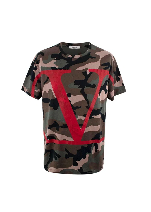 Valentino Garavani Camo T-Shirt with Red VLogo in Red from HEWI