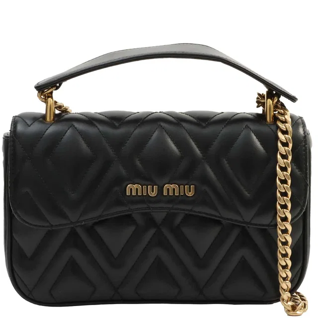 Miu Miu Logo Plate Shoulder Bag Black in Black Leather from VINTAGE QOO TOKYO