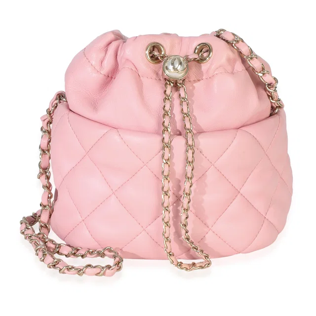 Chanel Pink Quilted Lambskin Pearl Drawstring Bucket Bag Leather Handbag in Pink Lambskin from HEWI