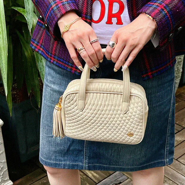 Bally Design Stitch Logo Plate Tassel 2-Way Bag Beige in Beige Leather from VINTAGE QOO TOKYO