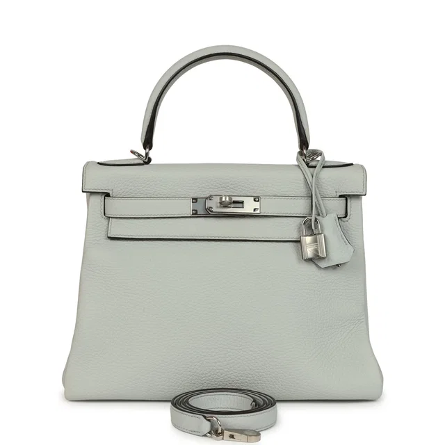 Hermès Kelly Retourne 28 Bleu Pale Clemence Palladium Hardware in Blue Clemence leather from Madison Avenue Couture