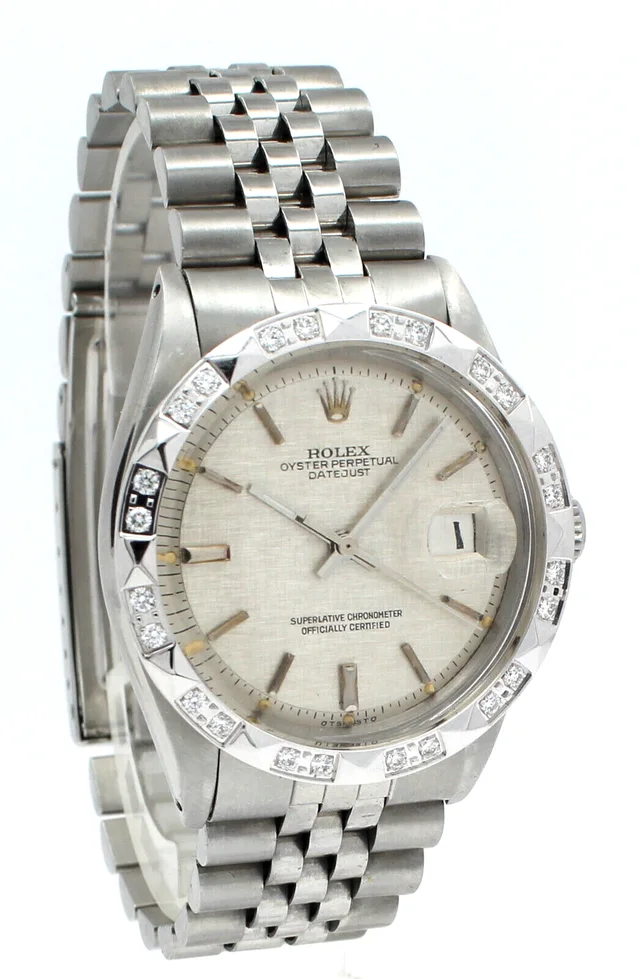 Men Vintage ROLEX Oyster Perpetual Datejust 36mm Silver Linen Dial Diamond Watch | Rolex | Buy… in Silver from Truefacet