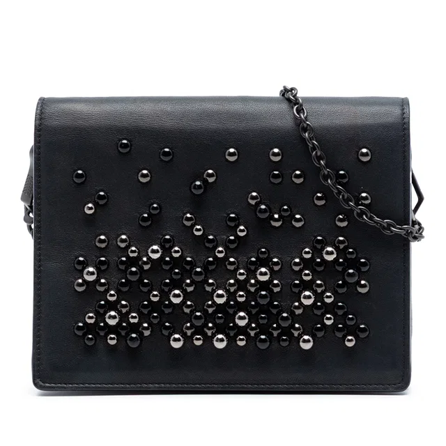 Black Bottega Veneta Leather Studded Wallet on Chain Crossbody Bag in Black Leather from Designer Revival