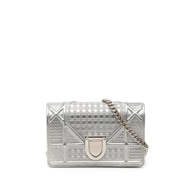 Silver Dior Baby Metallic Patent Microcannage Diorama Flap Crossbody Bag in Silver Patent leather from Designer Revival