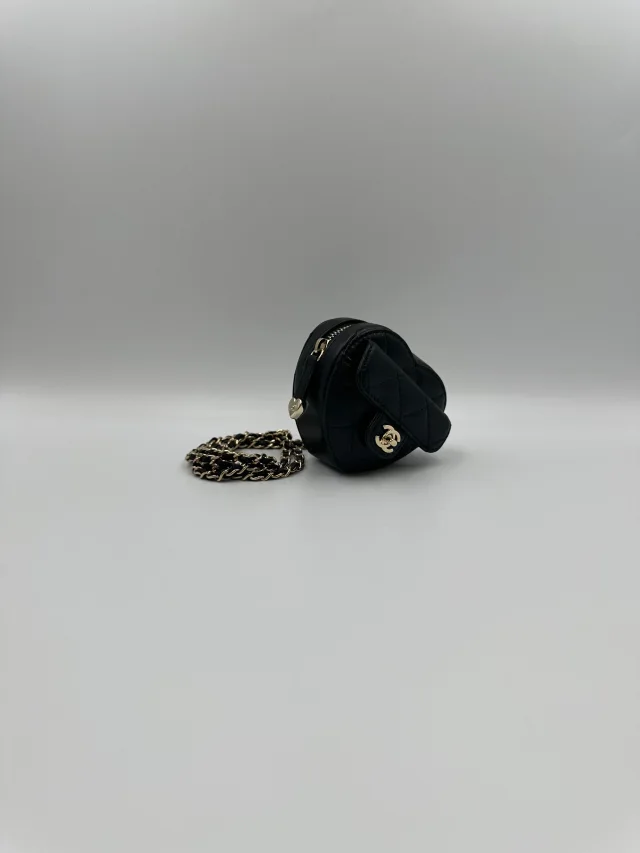 LONDON LOCATED* CHANEL MINI HEART NECKLACE Black Lambskin Leather with Champagne-Toned Metal in Black Lambskin from Luxury Promise, photo 8 of 14