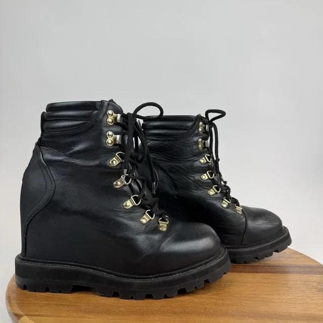 Womens Moncler Black Leather Mid Lace Up Combat Wedge Desert Boots Size Eu 38 in black Leather from Poshmark