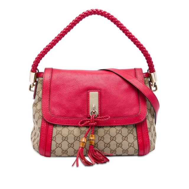 Red Gucci GG Canvas Bella Flap Satchel in Red Canvas from Designer Revival