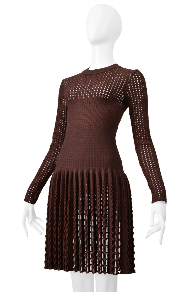 Alaïa Brown Laser Cut Fancy Knit Dress in Brown Wool from Resurrection Vintage, photo 2 of 12