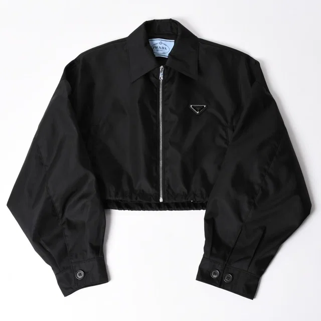 Prada Cropped Nylon Zip Up Jacket Triangle Logo Black 42 in Black Nylon from The Reluxe