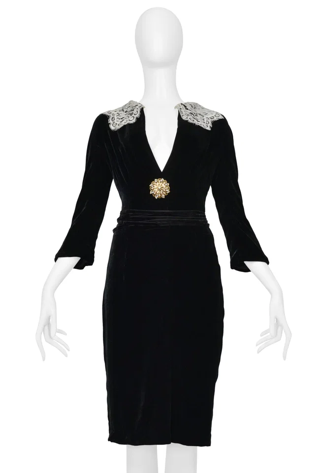 Dolce & Gabbana Black Velvet Dress With White Lace Collar And Rhinestone Brooch in Black Velvet from Resurrection Vintage