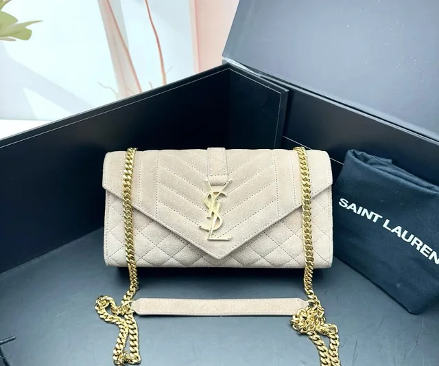 Saint Laurent Quilted Envelope Chain Wallet in Beige Suede from Luxury Promise, photo 1 of 1
