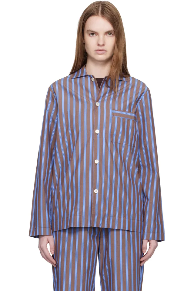 Tekla Brown & Blue Poplin Long-Sleeved Pyjama Shirt, image 1 of 1 from SSENSE